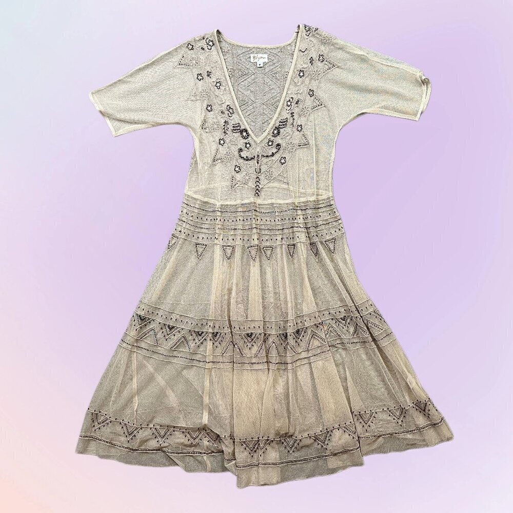 Biya Johnny Was Sheer Nude Netted Beaded Embroidered Fit Flare Bohodress Medium